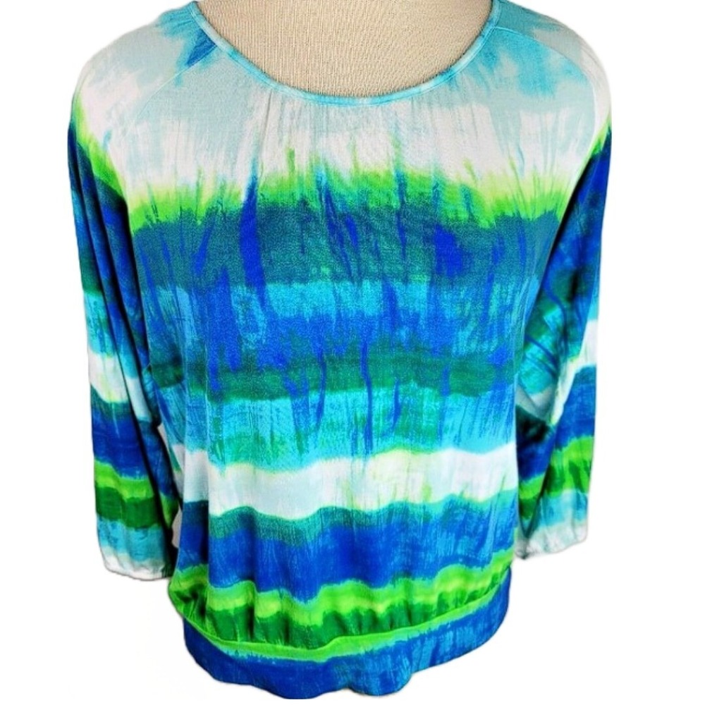 Chicos Blouse Multi Color Tie Die Long Sleeve Stretch Shirt Womens Size 1